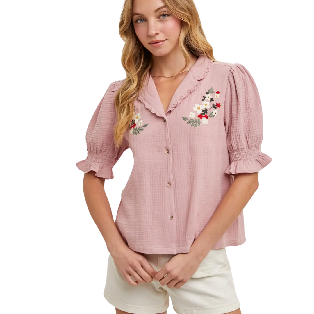 Button Down Embroidered Puff Sleeve Blouse Top