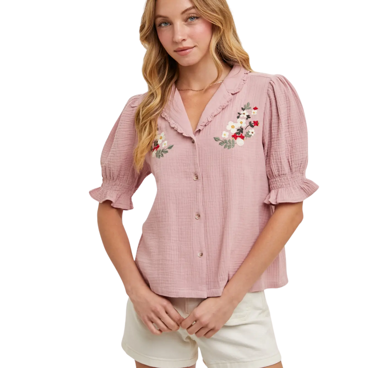 Button Down Embroidered Puff Sleeve Blouse Top