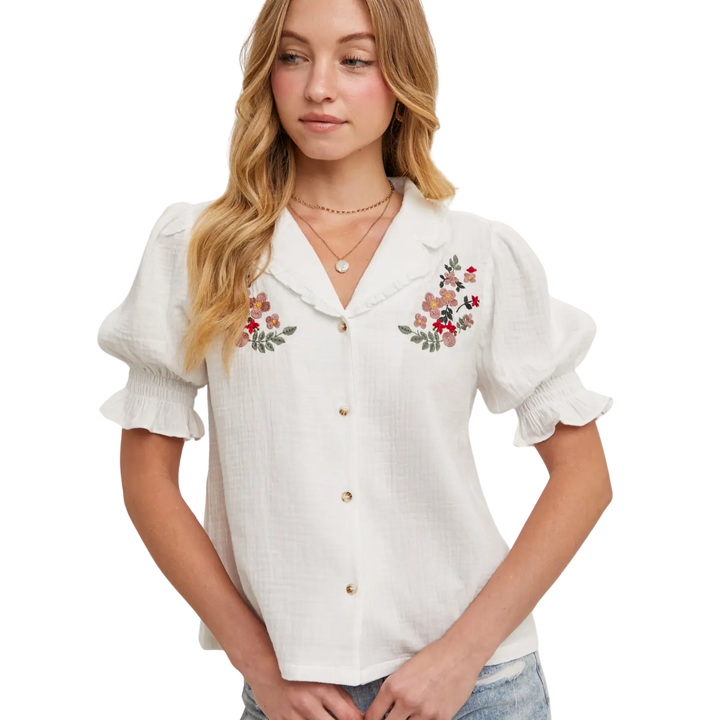 Button Down Embroidered Puff Sleeve Blouse Top