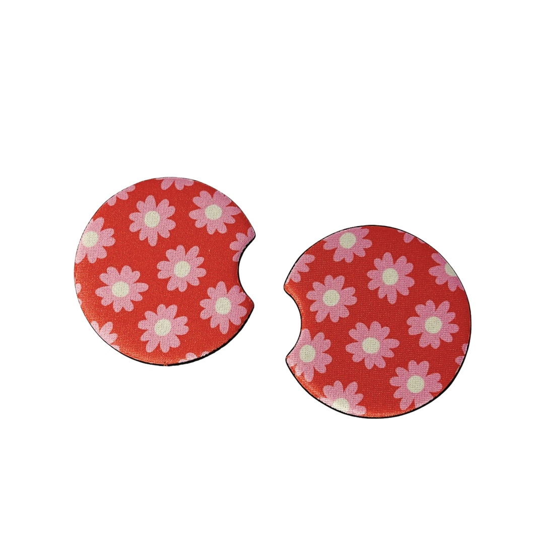2 Car Coasters, Red and Pink Floral Pattern