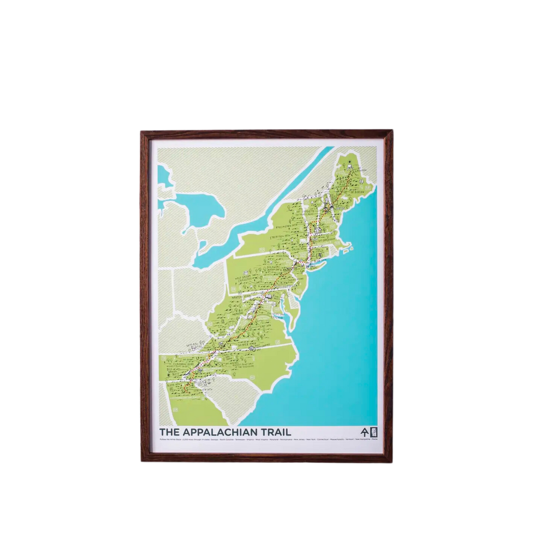 Green, blue, and white map of the Appalachian Trail. Traverse the 2,200 miles of the Appalachian Trail, marked with white blazes, through fourteen states: Georgia, North Carolina, Tennessee, Virginia, West Virginia, Maryland, Pennsylvania, New Jersey, New York, Connecticut, Massachusetts, Vermont, New Hampshire, and Maine. 11" x 14" digital print made in the USA.