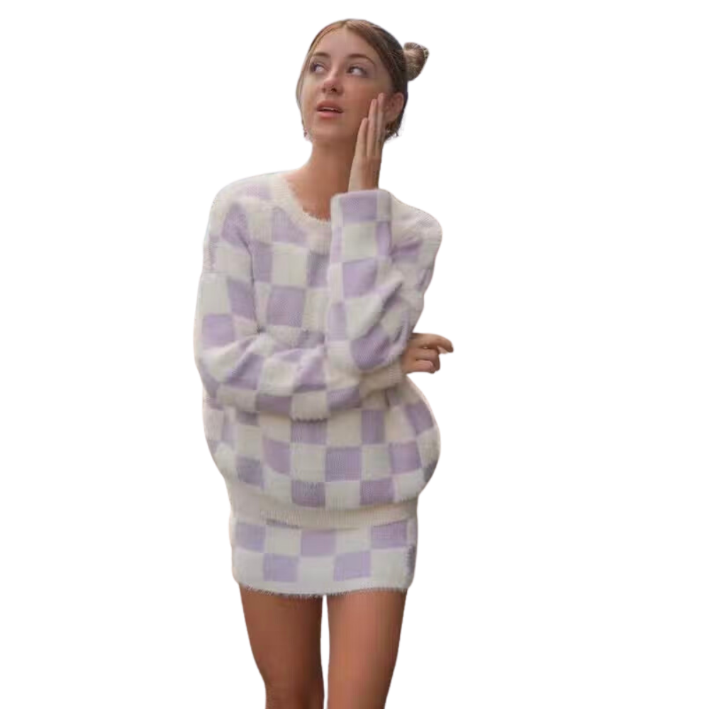 Fuzzy Checkered Sweater - Lilac