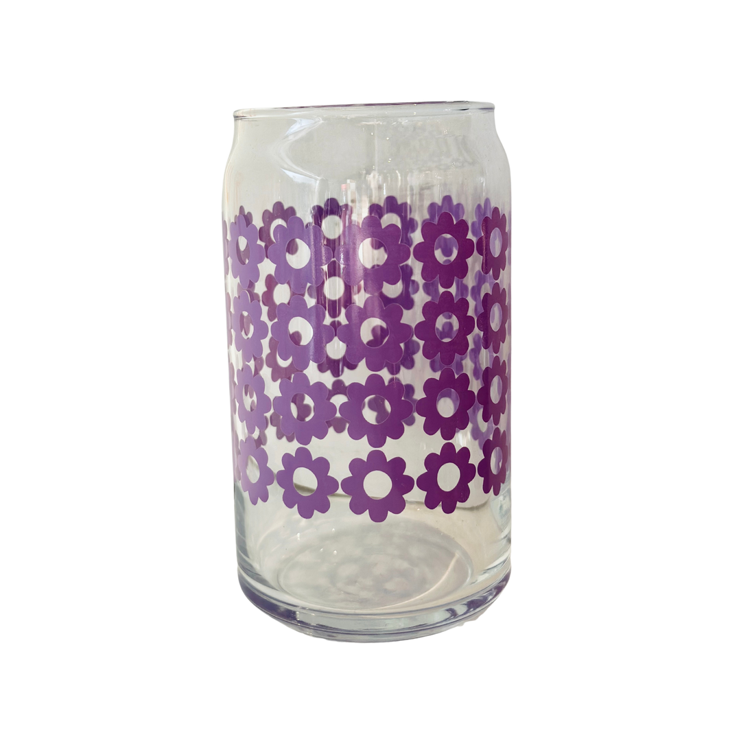 Lilac Daisy Flower Power Stacked 16oz Glass Can Dishwasher Safe