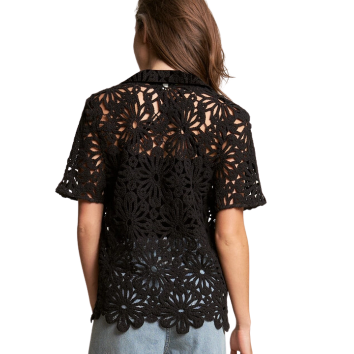 Crochet Scalloped Hem Short Sleeve Cover Up Top - Black