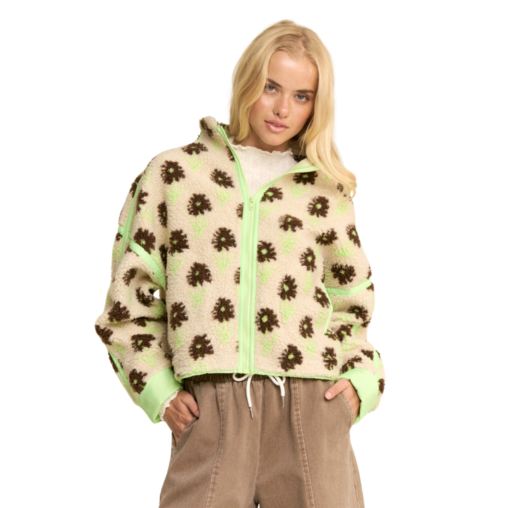 Faux Teddy Fur Flower Contrast Binding Jacket