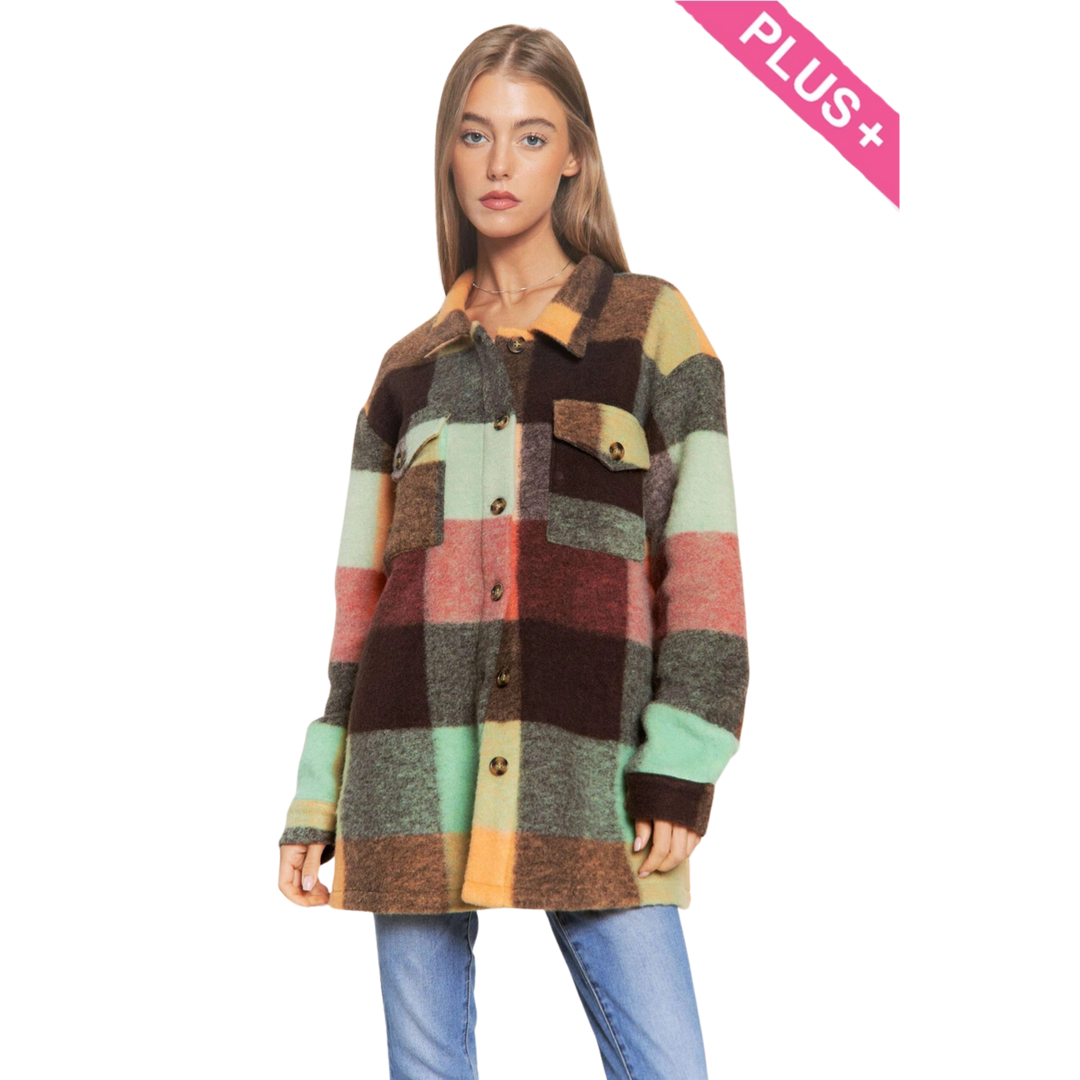 Plus Multi Color Plaid Fuzzy Brushed Shacket