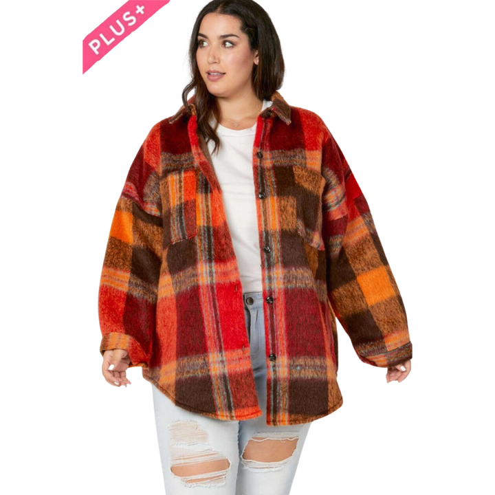 Plus Plaid Button Down Shirt with Front Pocket