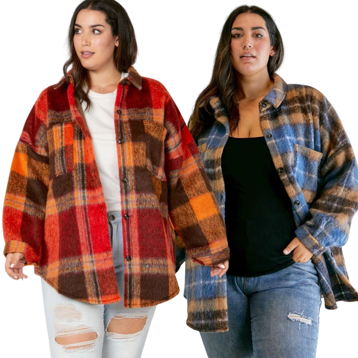 Plus Plaid Button Down Shirt with Front Pocket