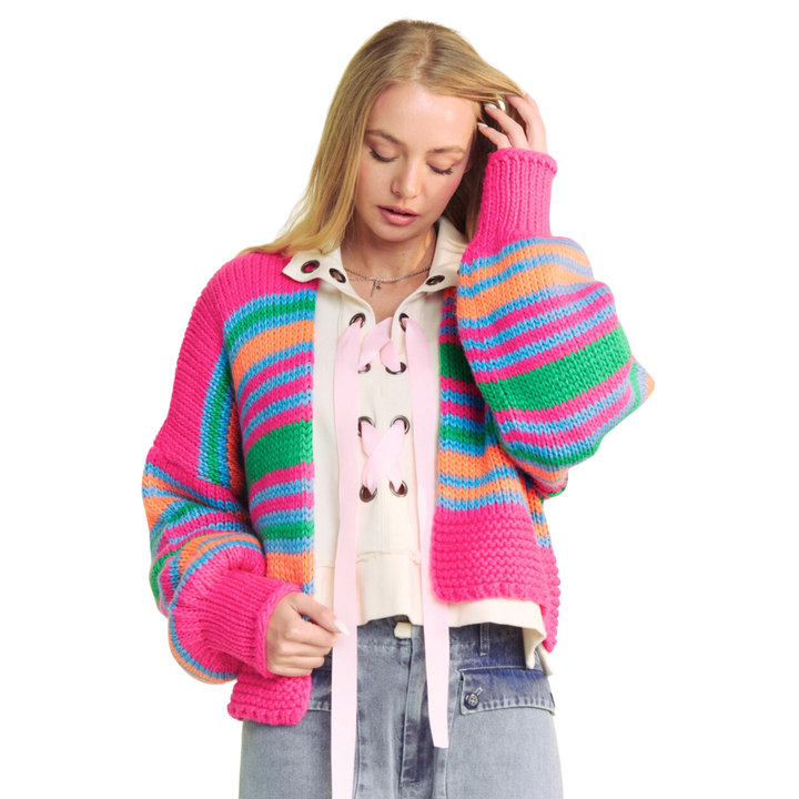 Chunky Knit Multi Striped Open Sweater Cardigan - Neon Multi