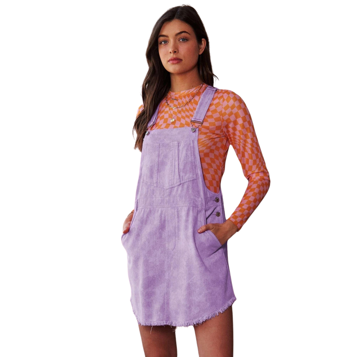 Raw Hem Overall Mini Dress - Lilac