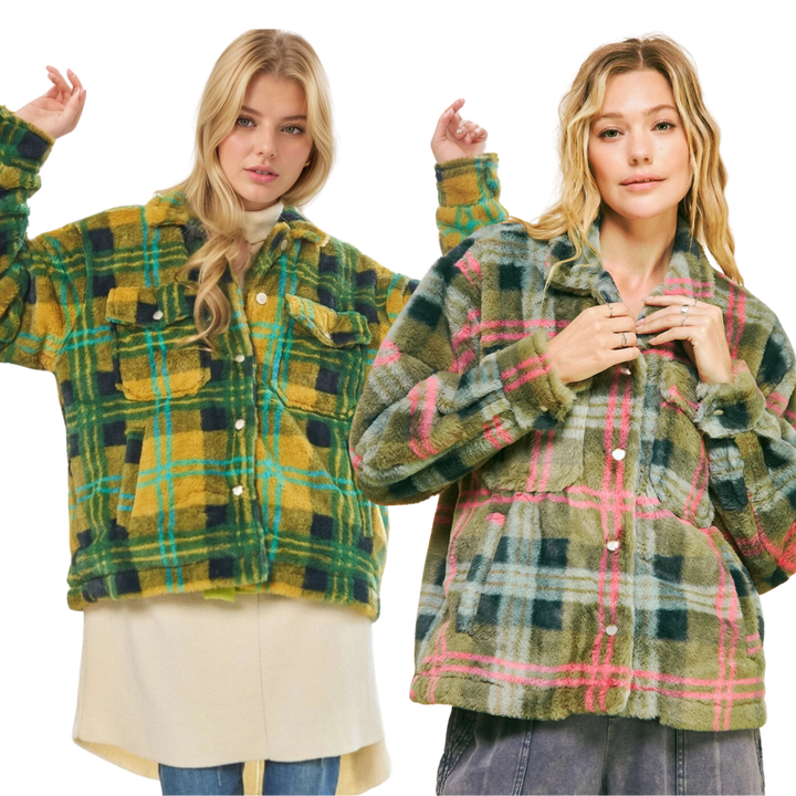 Fuzzy Plaid Collar Button Down Loose Fit Jacket