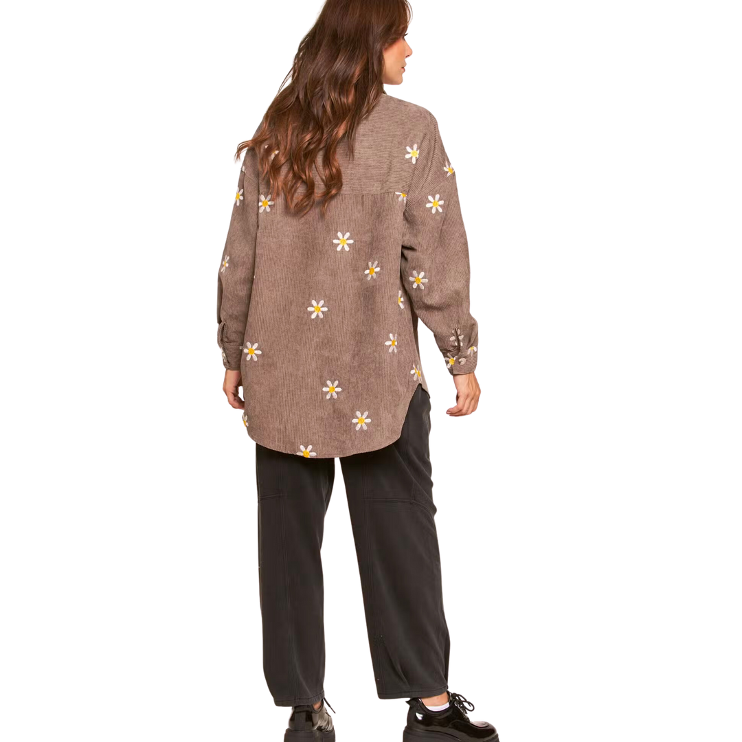 Corduroy Floral Embroidered Shaket - Ash Mocha