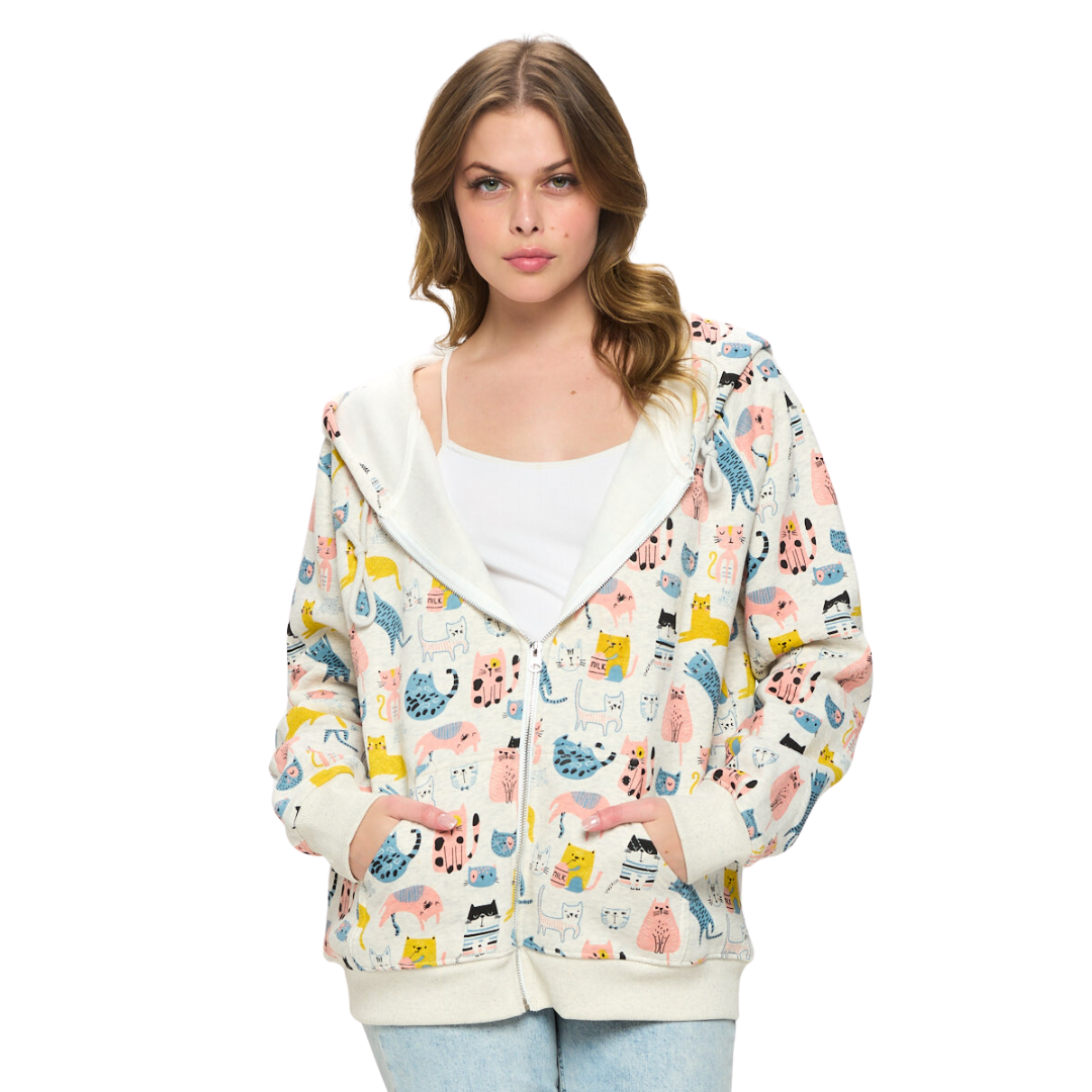 Colorful Cats Print Zip Up Hoodie