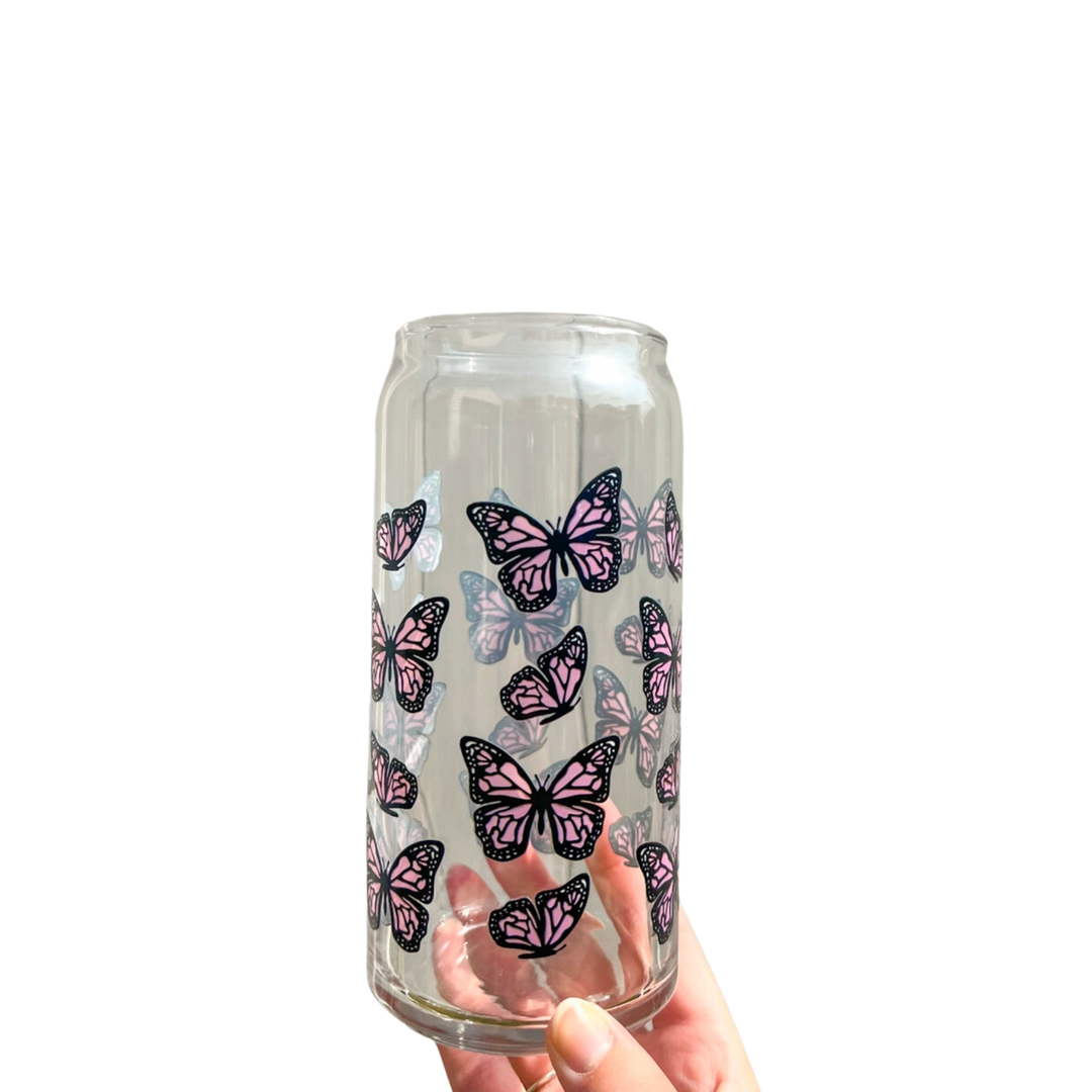 Pink Butterfly 20 oz Can Glass Cup