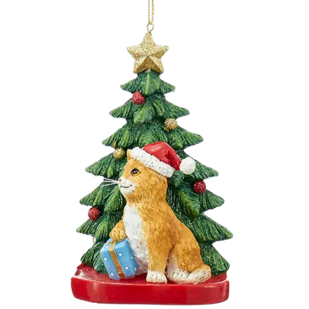 Resin Cat with Christmas Tree Ornament