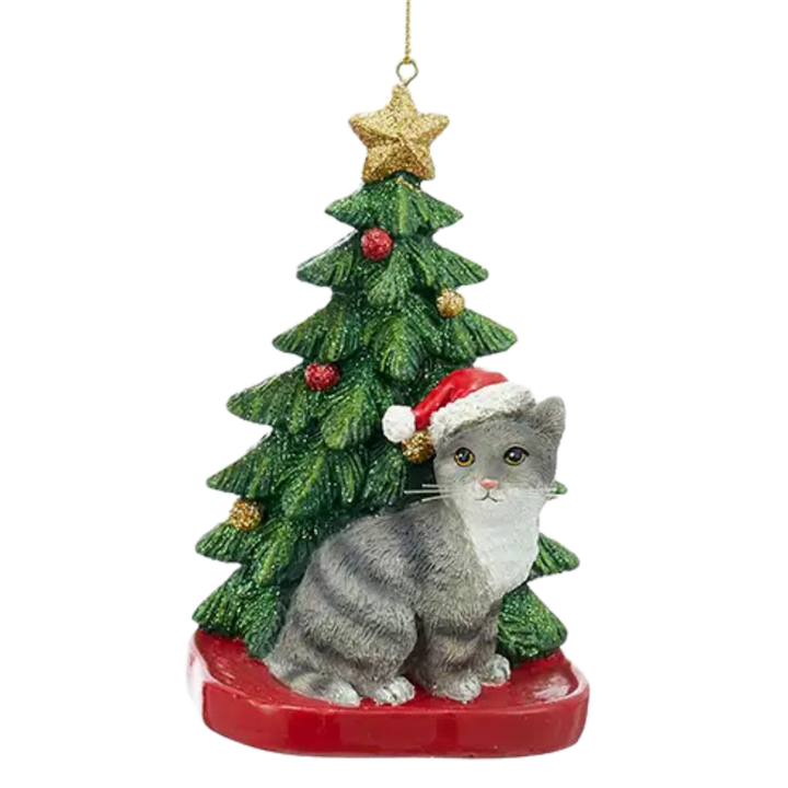 Resin Cat with Christmas Tree Ornament