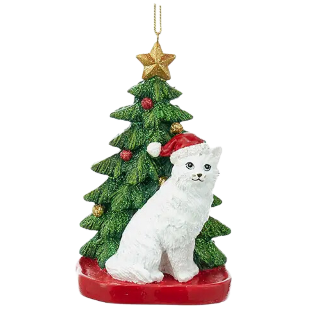 Resin Cat with Christmas Tree Ornament