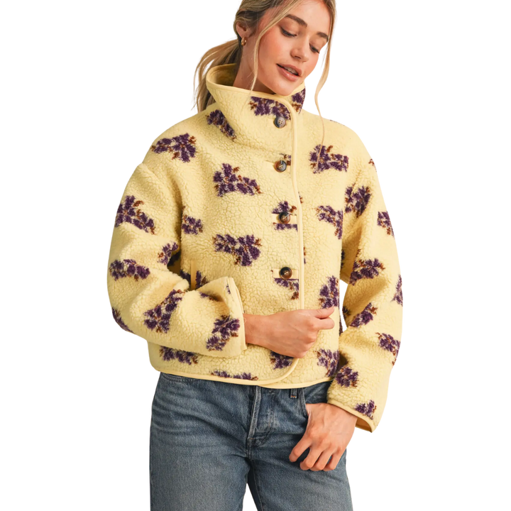 Floral Faux Sherpa Jacket with Piping