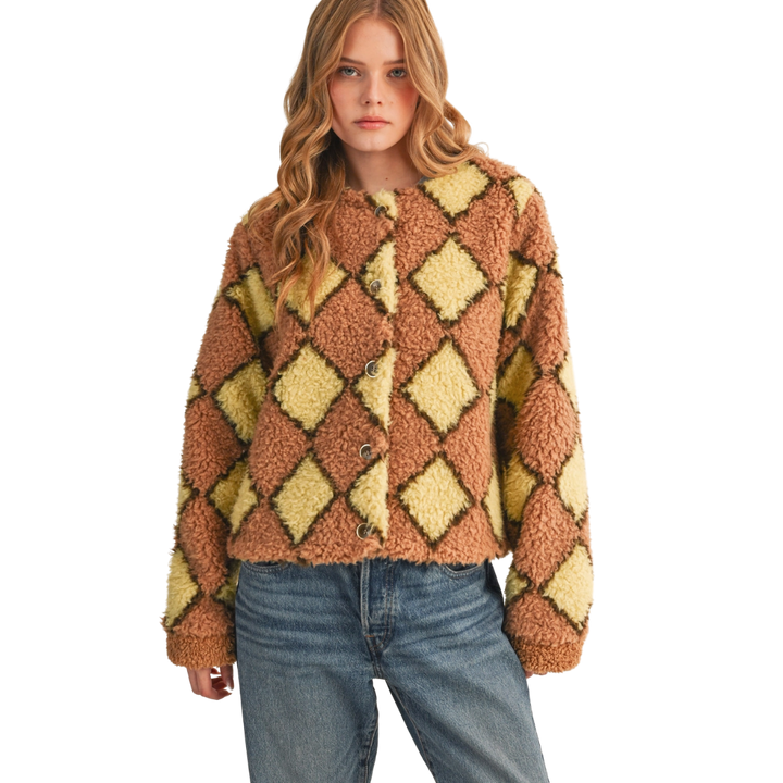 Faux Shearling Argyle Jacket