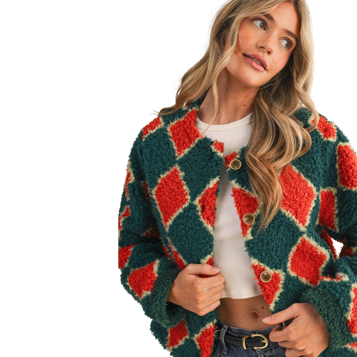 Faux Shearling Argyle Jacket