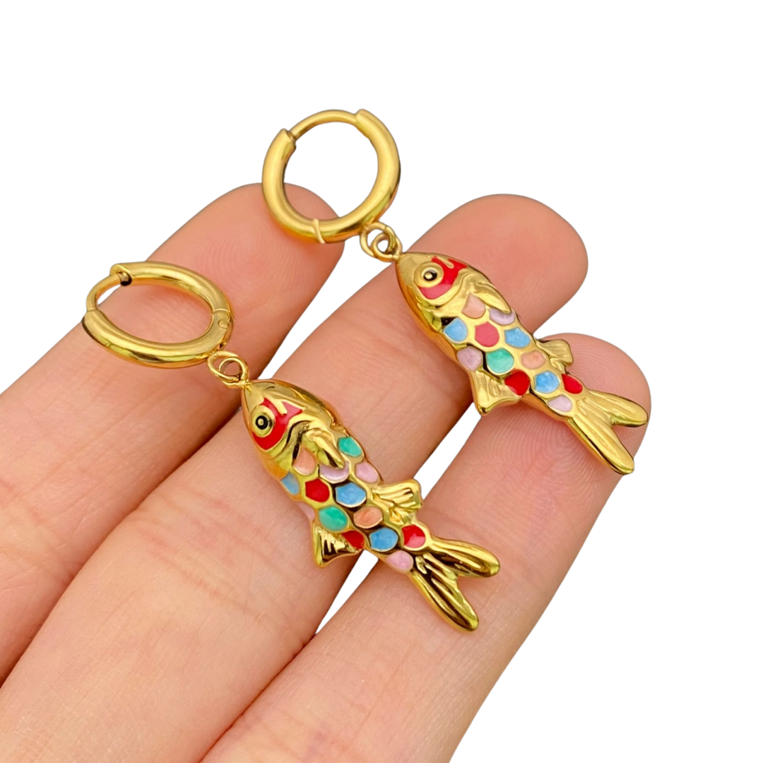 Colored Enamel Fish 18K Gold Plated Huggie Earrings