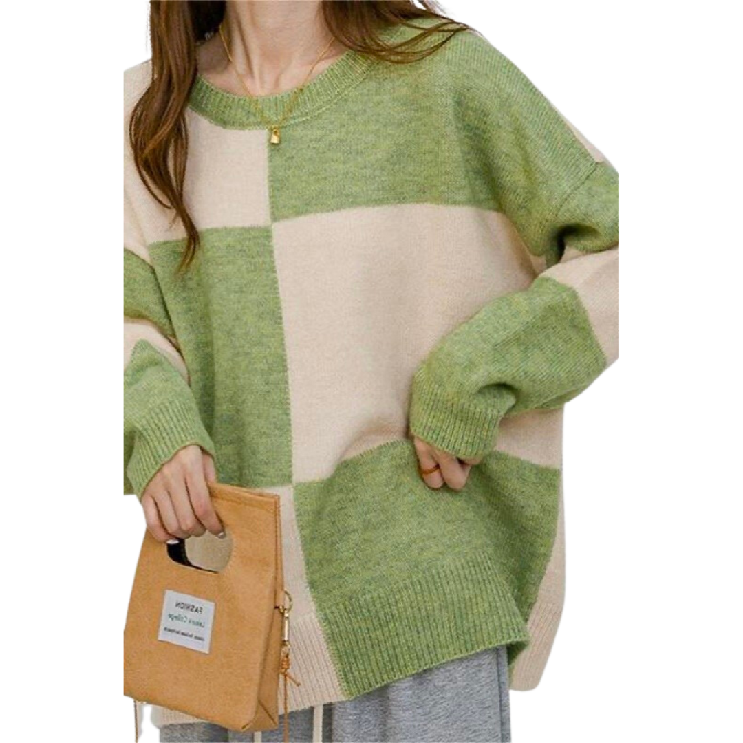 Green and Cream Checkered Sweater