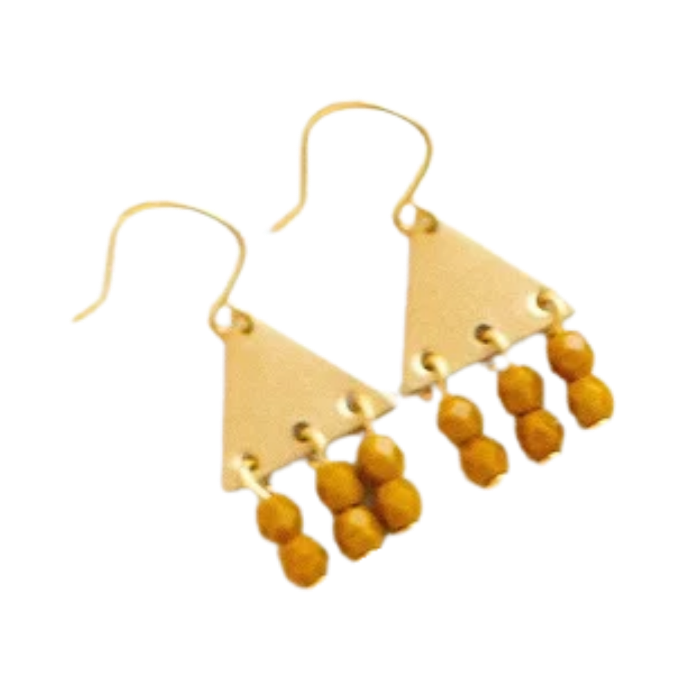 Colorful Brass Triangle Geometric Earrings with Beaded Fringe