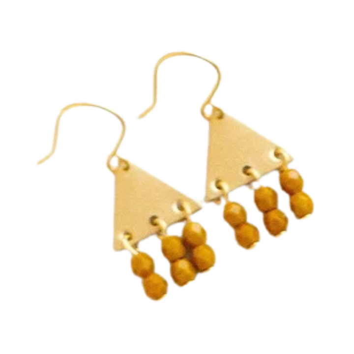 Colorful Brass Triangle Geometric Earrings with Beaded Fringe