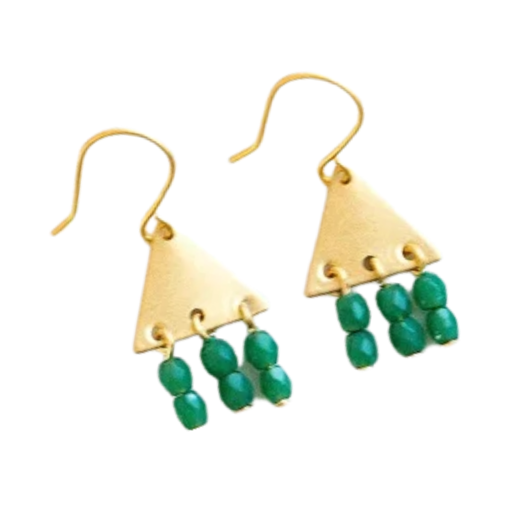 Colorful Brass Triangle Geometric Earrings with Beaded Fringe