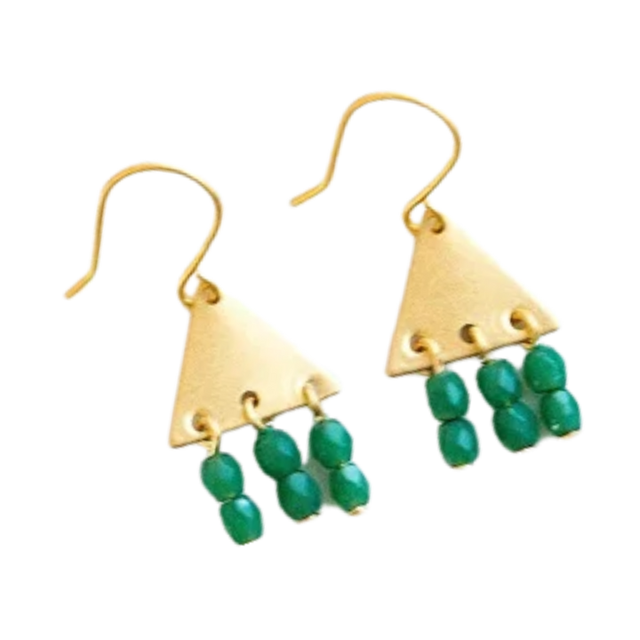 Colorful Brass Triangle Geometric Earrings with Beaded Fringe