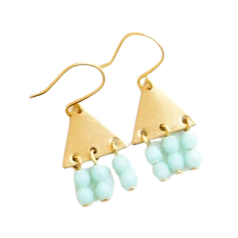 Colorful Brass Triangle Geometric Earrings with Beaded Fringe