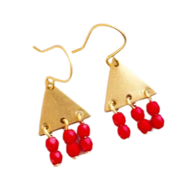 Colorful Brass Triangle Geometric Earrings with Beaded Fringe