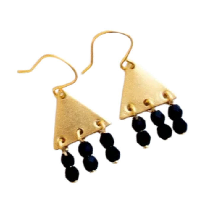 Colorful Brass Triangle Geometric Earrings with Beaded Fringe