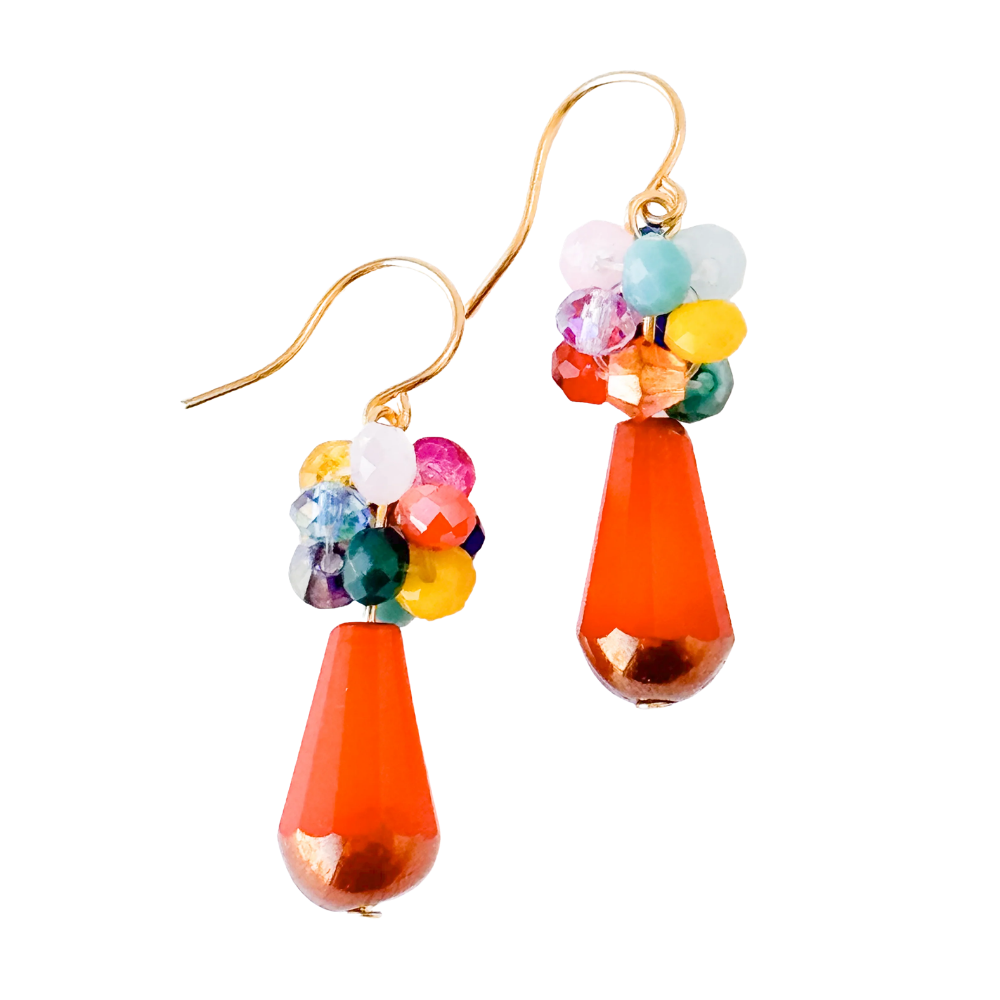 Coral Glass Drop with Colorful Crystal Beads Earrings