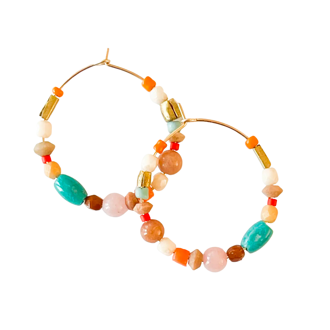 Gold-Filled Turquoise and Rose Quartz Hoops