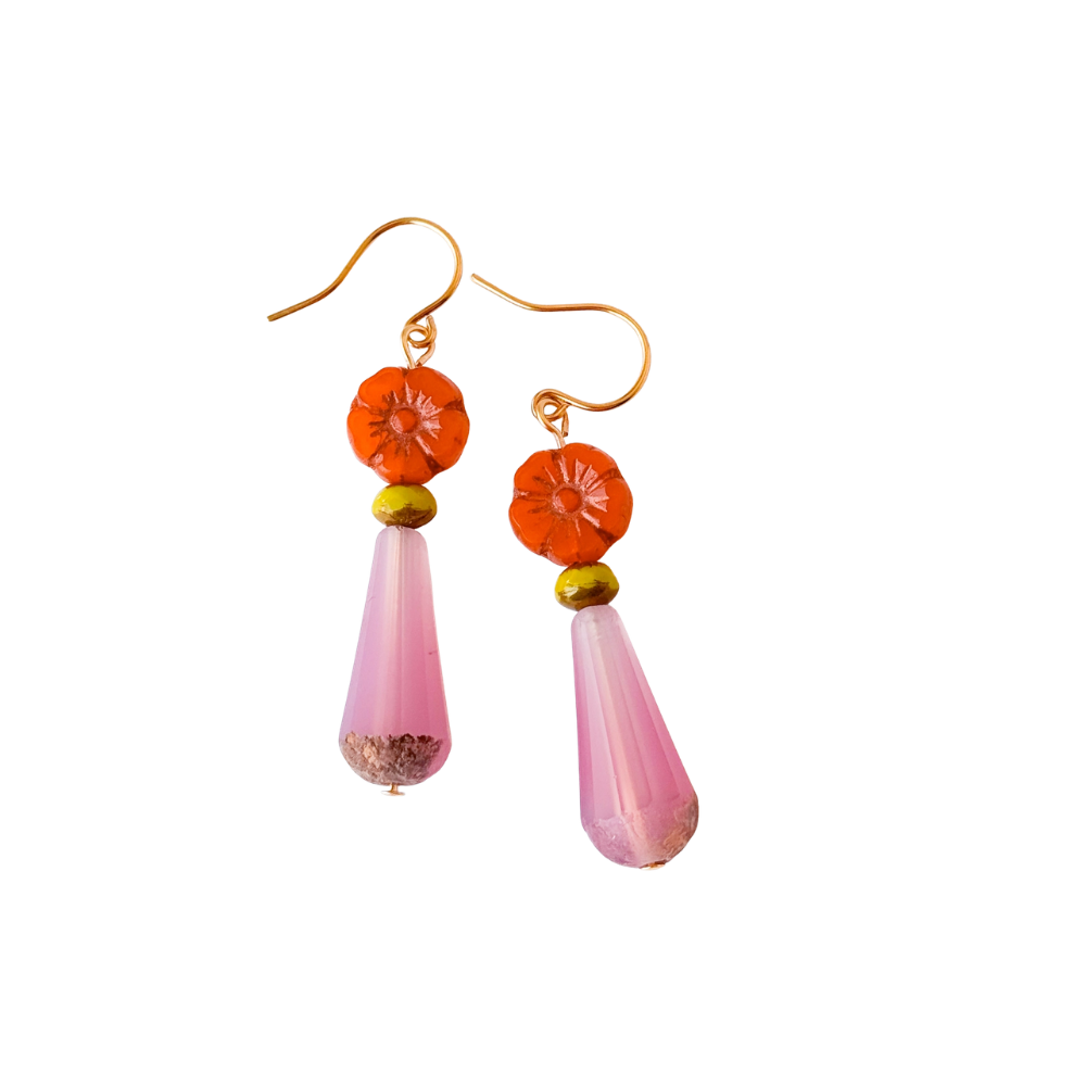 Glass Flower Bead Drop Earrings with Colorful Glass Accents
