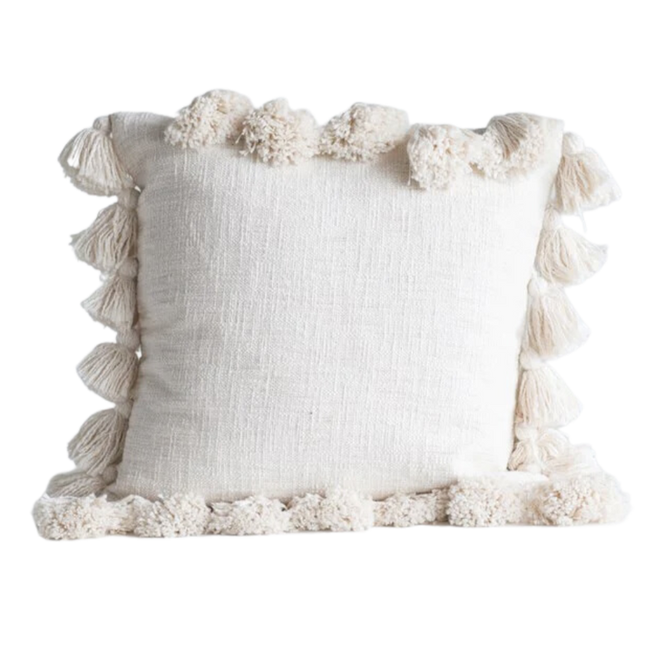 Cream Square Cotton Throw Pillow with Tassels