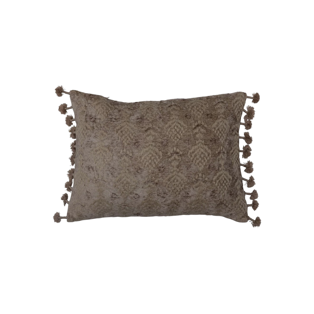 Woven Cotton Blend Chenille Lumbar Pillow with Embroidery & Tassels