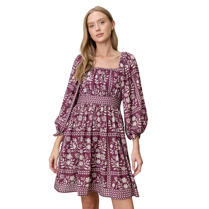 Border Floral Square Neck Mini Dress