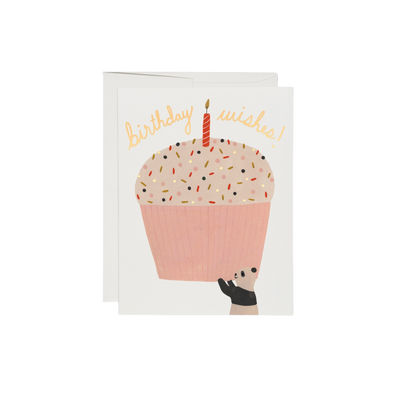 Cartoon panda holding up cupcake with white background, yellow text says "Birthday Wishes". This 4.25 x 5.5-inch card is printed in USA on recycled paper. It features a foil stamped, offset printed design illustrated by Kate Pugsley, and is crafted with 100lb heavyweight card stock. Inside is blank.