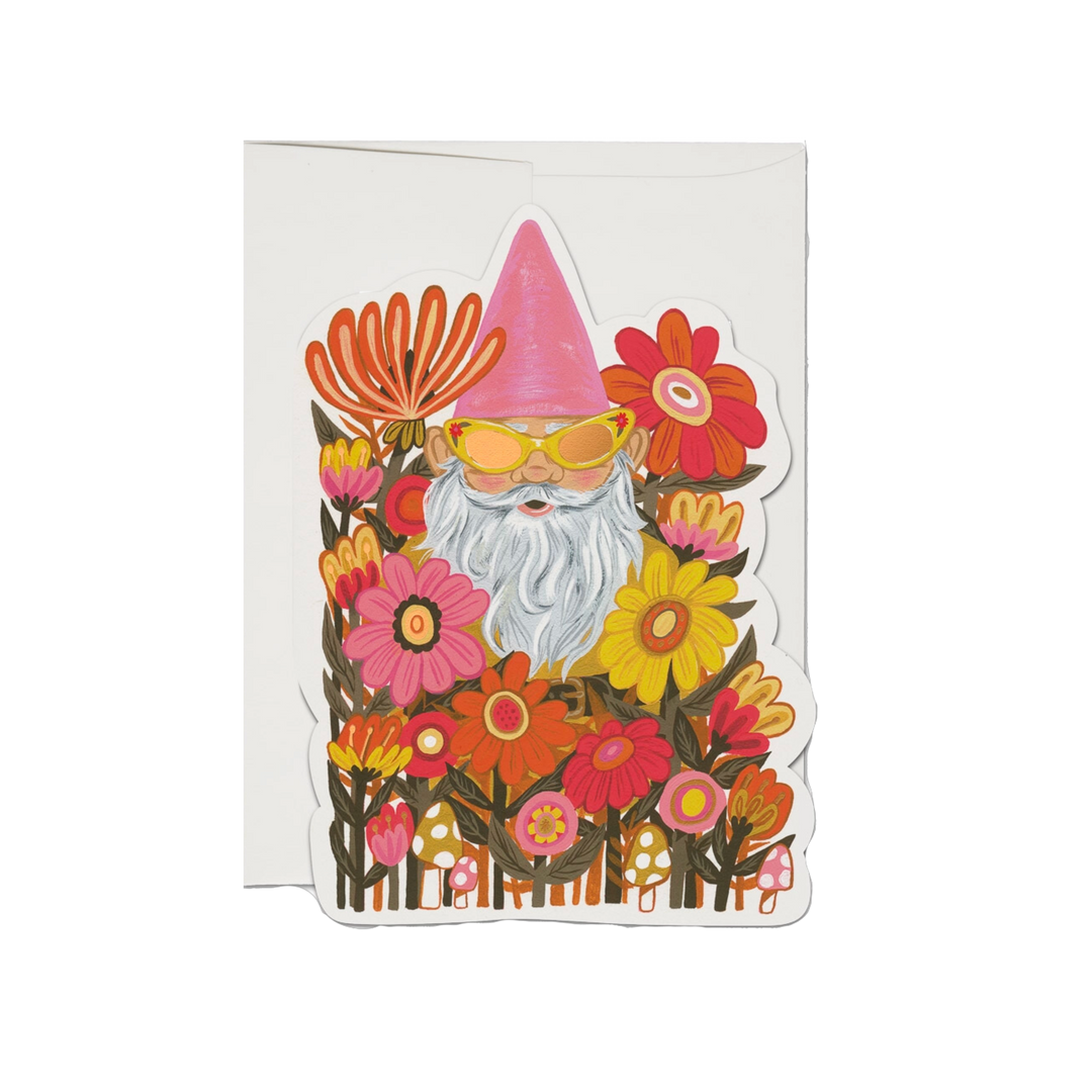 Gnome in flower field with white background. 100lb heavyweight card stock, die-cut foil, 5" x 7". Illustrated by Krista Perry and made in the USA.