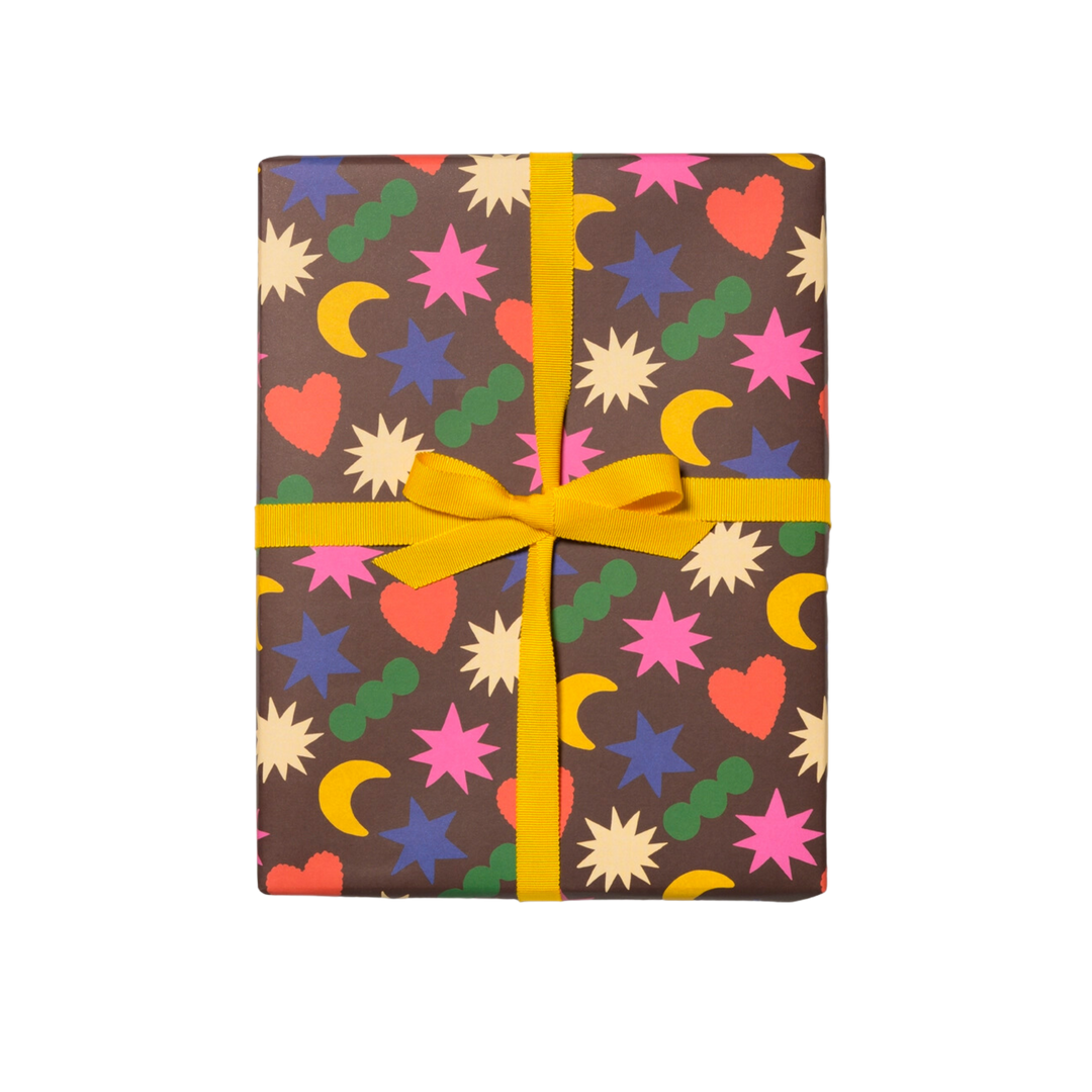 Colorful shapes on black background. This gift wrap consists of 3 sheets, each measuring 19 x 27 inches. Created by artist Krista Perry and printed in the USA on recycled paper.