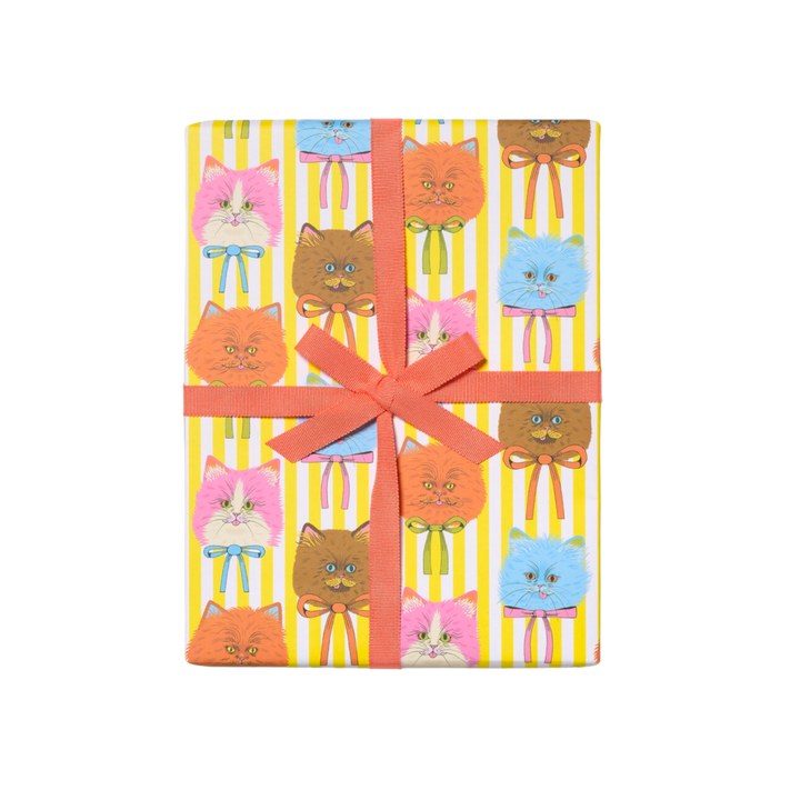 Cat face Illustrations on white and yellow striped background. Three (3) 19 x 27 inch sheets of flat wrap, rolled and sealed together. Illustrated by Krista Perry. Printed in USA, on recycled paper.
