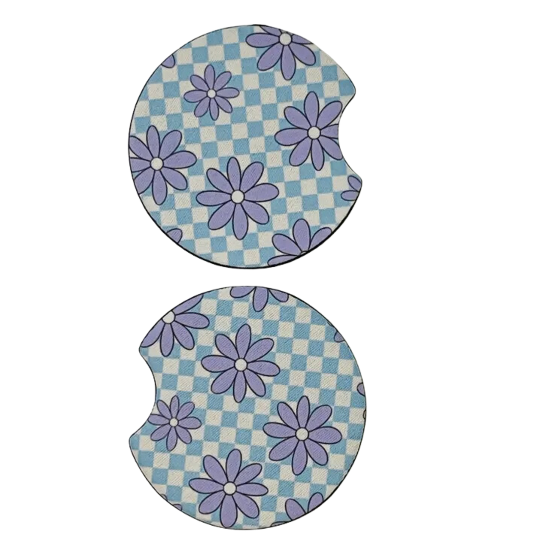 2 Car Coasters, Blue Check & Lavender Floral Design