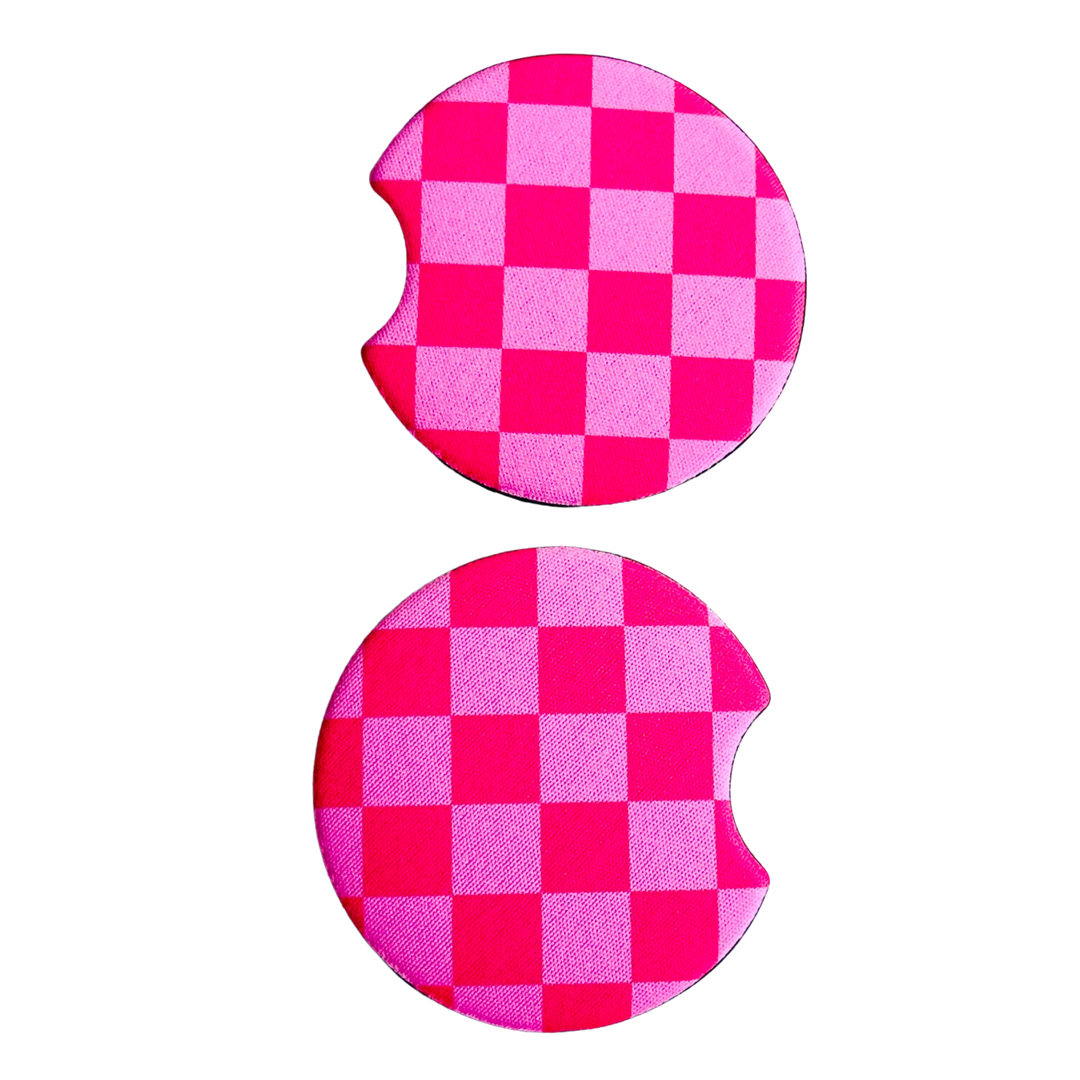 2 Car Coasters, Pink Checkerboard Design