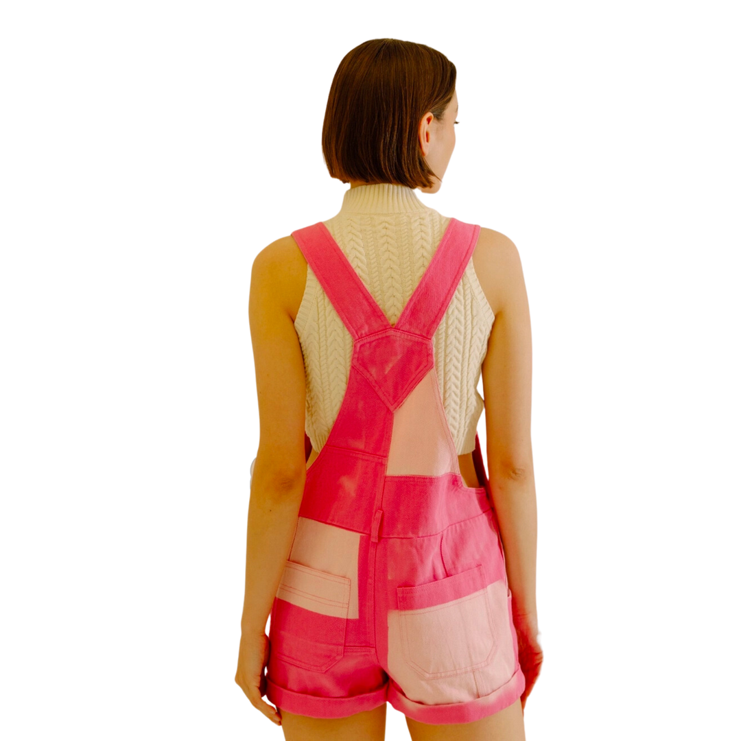 Hot Pink Color Block Overall Shorts