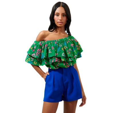 Ivana Floral Charmer One Shoulder Ruffle Top Kelly-Multi