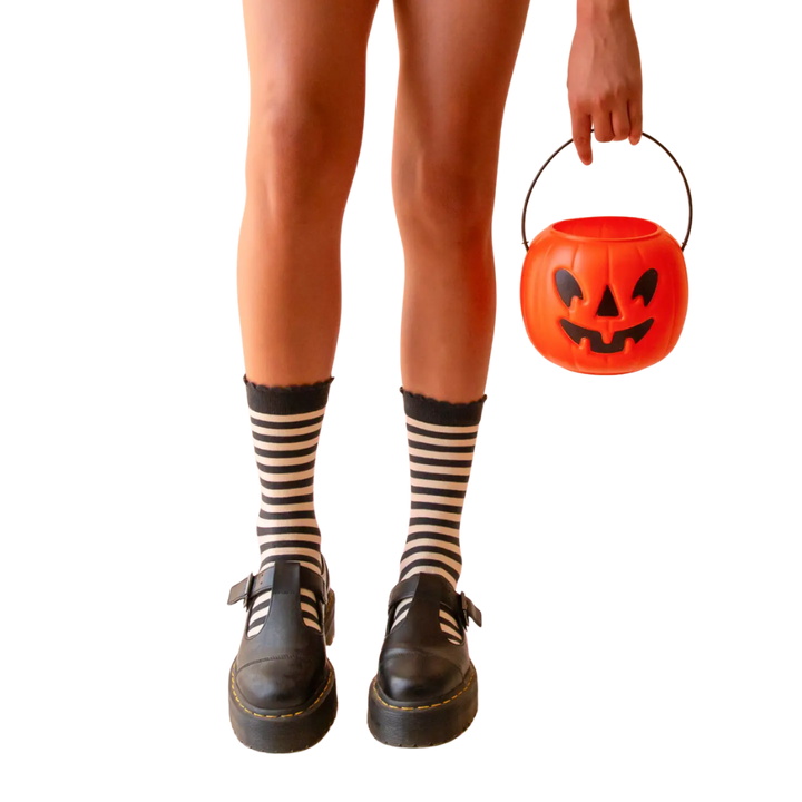Charcoal Black Halloween Striped Crew Socks