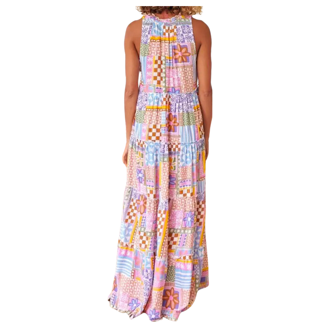 Crewneck Tie Sleeveless Panelled Printed Maxi Dress