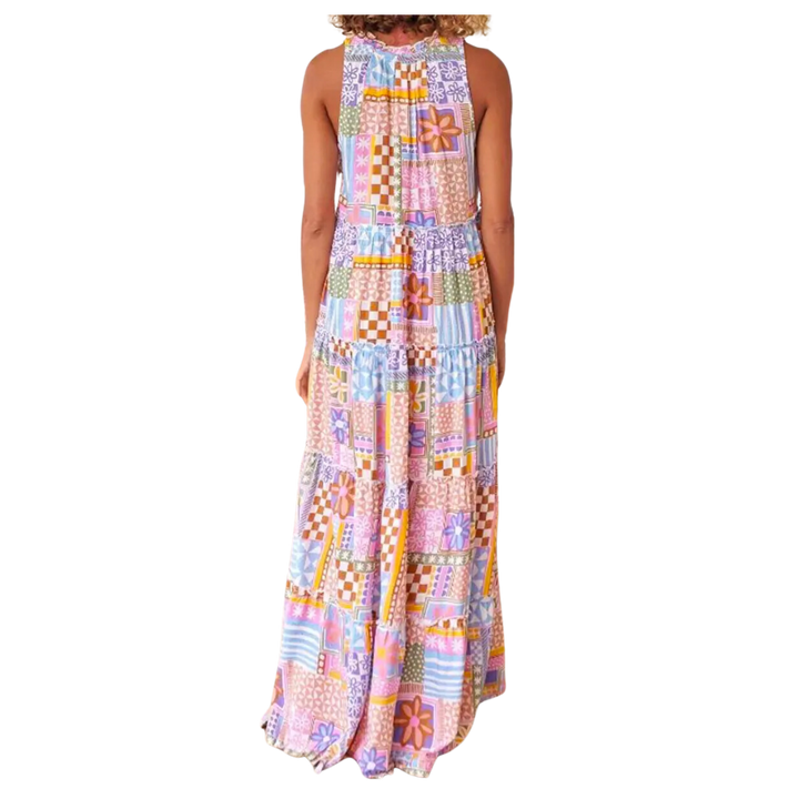 Crewneck Tie Sleeveless Panelled Printed Maxi Dress